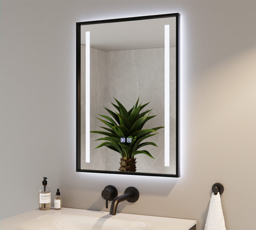 Rectangular LED Tricolor Mirror in Black Frame with Warming Mat 50x70cm ZACK