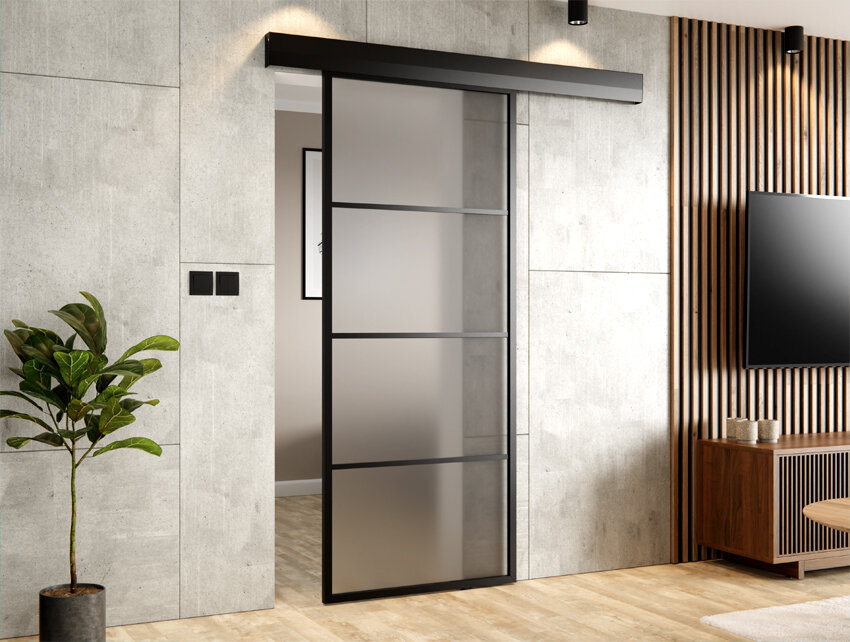 ♥ DRZWI PRZESUWNE SYSTEM 65X205 ALUMINIUM CZARNE SATYNA (4 POLA) ♥ SZKŁO♥